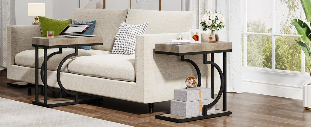 Tribesigns Narrow Side Table C Shaped End Table Modern Bedside Tables for Couch, Small Sofa Chairside Tables with Metal Frame for Living Room (2, Gray+Black)