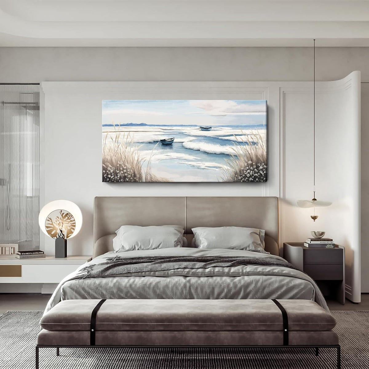 amatop Extra Large Wall Art for Living Room –Big Coastal Beach Minimalist Canvas Artwork with Sailboat Ocean Waves and Reeds Nautical Seascape Picture for Bedroom Decor Blue58x29 Inch