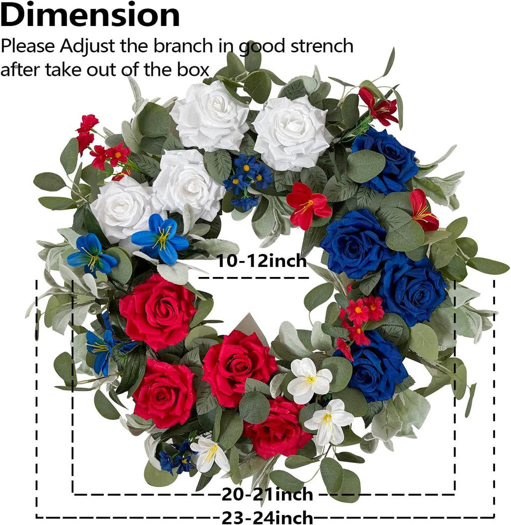 WANNA-CUL Patriotic Wreath Decorations, 24 Inch Rose 4th of July Wreaths for Front Door, Red White Blue Spring Door Wreath for Independence Day, Memorial Day for Indoor Outdoor Decor