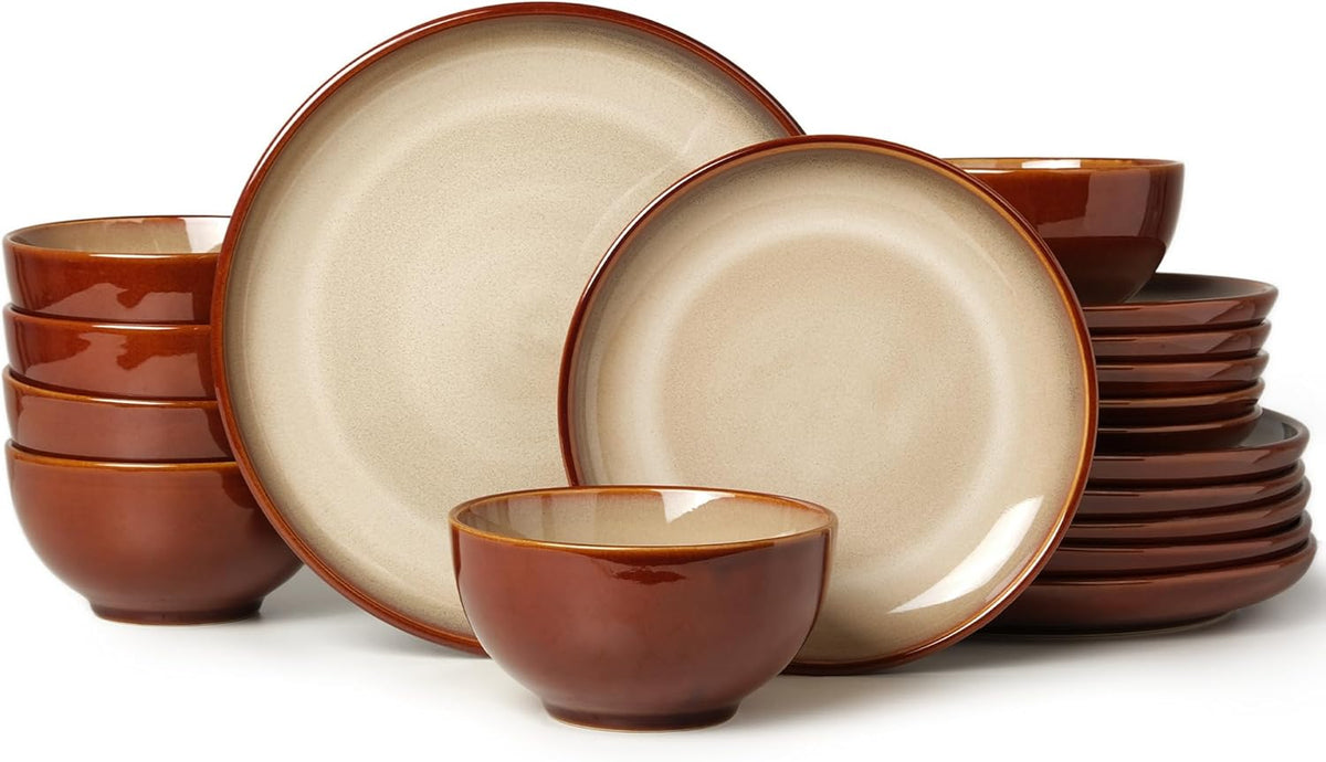 Ceramic Dinnerware Sets for 6, 18 Pieces Stoneware Plates and Bowls Sets, Chip and Crack Resistant Dishes, Dishwasher & Microwave Safe Dishware Sets, Brown Yellow