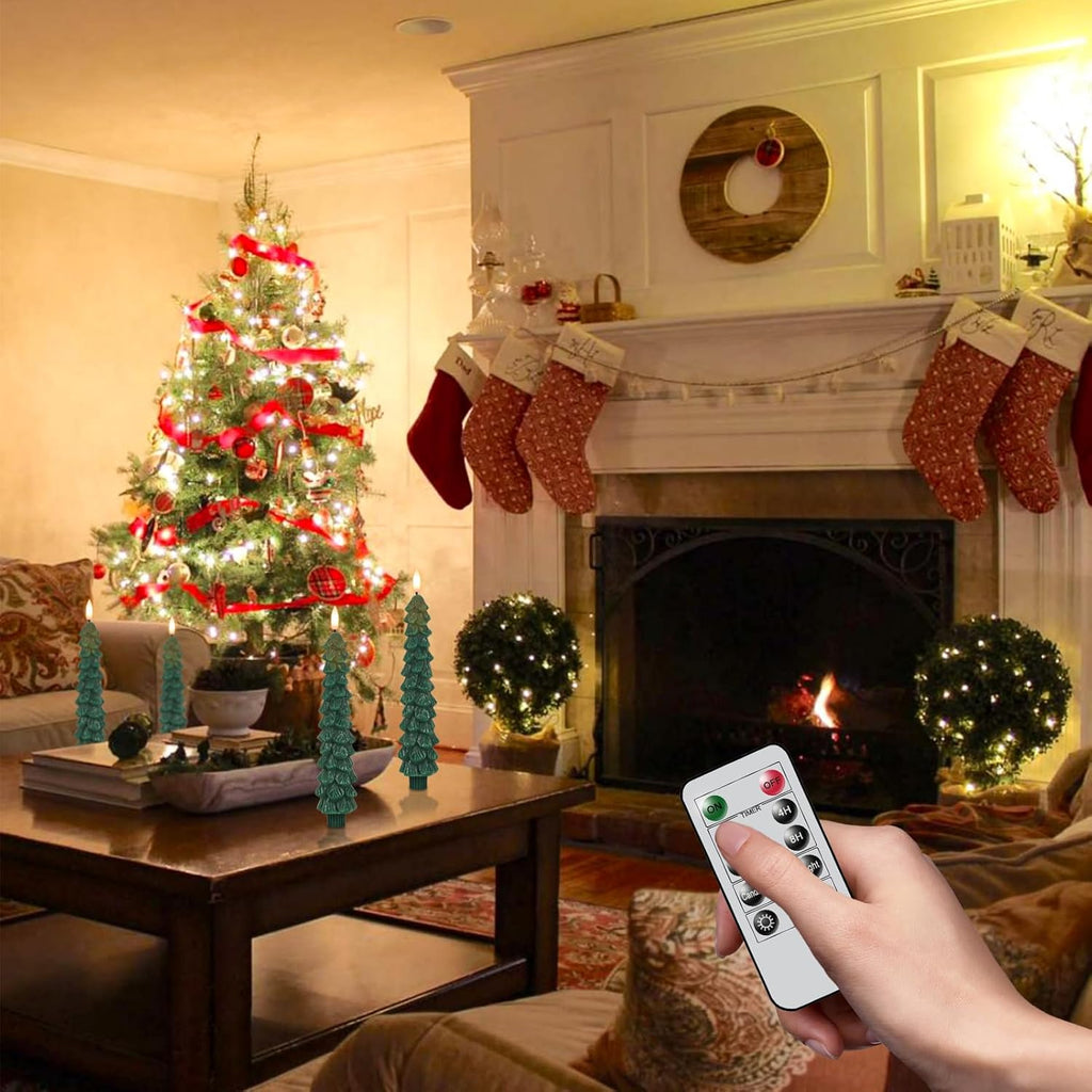 GenSwin Christmas Tree Flameless Taper Candles with Remote Timer, Christmas LED Taper Candles with 3D Flame, 4 Pcs Green LED Candlesticks for Christmas Home Decoration(0.78” x 9.8”)