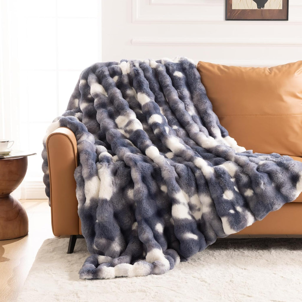 Cozy Faux Fur Throw Blanket for Couch-Warm Fuzzy Throw Blanket, Soft Plush Thick Bubble Blankets for Bedroom and Living Room, Furry Luxury Blanket, 50 x 60,Tie-Dye Blue