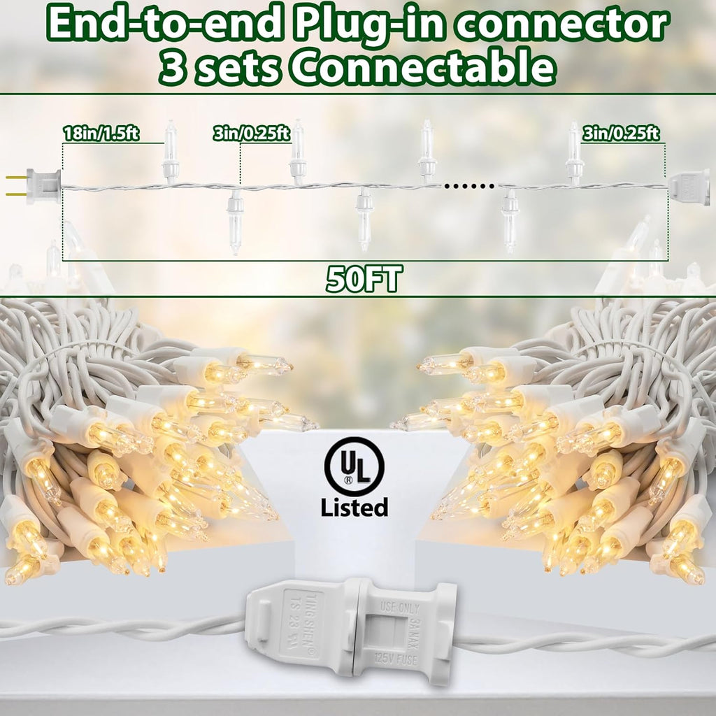 Clear Christmas Lights 50FT 200 Incandescent Bulbs Warm White Mini Lights with White Wire for Christmas Tree, Garland, Thanksgiving, Wedding, Party, Home, Indoor & Outdoor Festival Decoration