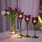 VOHO Purple Tulip Tealight Candle Holder Set of 3, Glass, Purple, Floral, Holidays, Wedding, Romance, Easter, Halloween, Thanksgiving, Christmas, Anniversary & Engagement, Tabletop, 3.15'' x 10.83''