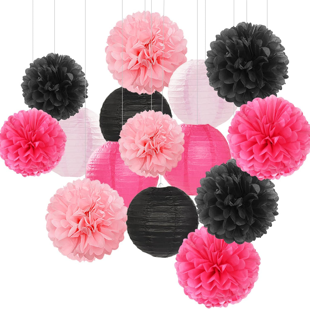Hot-Pink Black Party-Decorations Paper Flowers Lanterns - 15PCS Graduation Birthday Tissue Pom Poms Streamers,Baby Girl Women Bachelorette Hanging Supplies Decor Hugfond