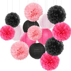 Hot-Pink Black Party-Decorations Paper Flowers Lanterns - 15PCS Graduation Birthday Tissue Pom Poms Streamers,Baby Girl Women Bachelorette Hanging Supplies Decor Hugfond
