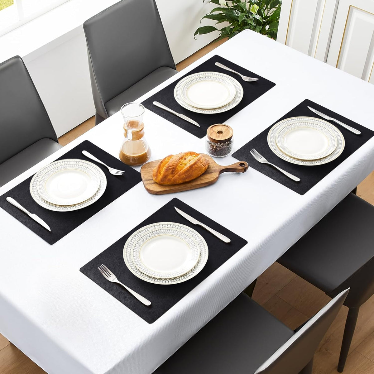 MOSAYT Vinyl Placemats Set of 8-12 X 17 Inch - Faux Leather 100% Waterproof Oil-Proof Wipeable PU Place Mats, Heat Resistant Reversible Table Mats for Kitchen, Dining, Outdoor (Black)