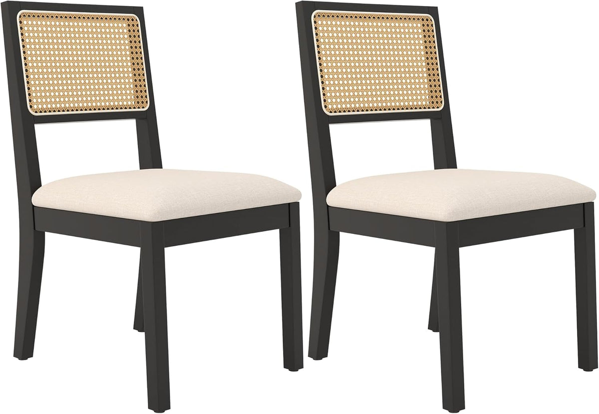 Westice Rattan Dining Chairs Set of 2, Farmhouse Natural Dining Room Chairs with Upholstered Cushion, Wood Armless Chairs for Kitchen/Restaurant, Black
