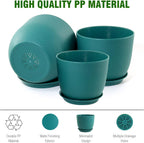 9/8/7.5 inch Flower Pots, 3 Pack Modern Plastic Planters with Drainage Holes and Trays for House Plants, Plant Pots for Indoor Outdoor Plants, Blue Green