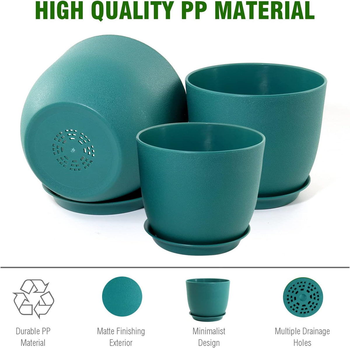 9/8/7.5 inch Flower Pots, 3 Pack Modern Plastic Planters with Drainage Holes and Trays for House Plants, Plant Pots for Indoor Outdoor Plants, Blue Green