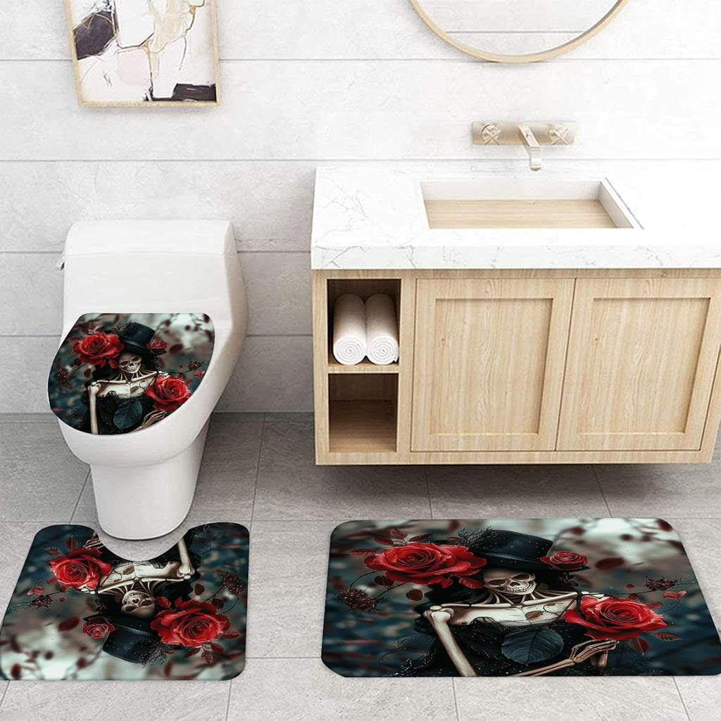 NEWSUYAA Halloween Decorations Shower Curtain Set with Non-Slip Rugs and Bath Mats,Black Skull Skeleton Bathtub Curtains with 12 Hooks,All Saints'Day (Nov 1st) Bathroom Decor