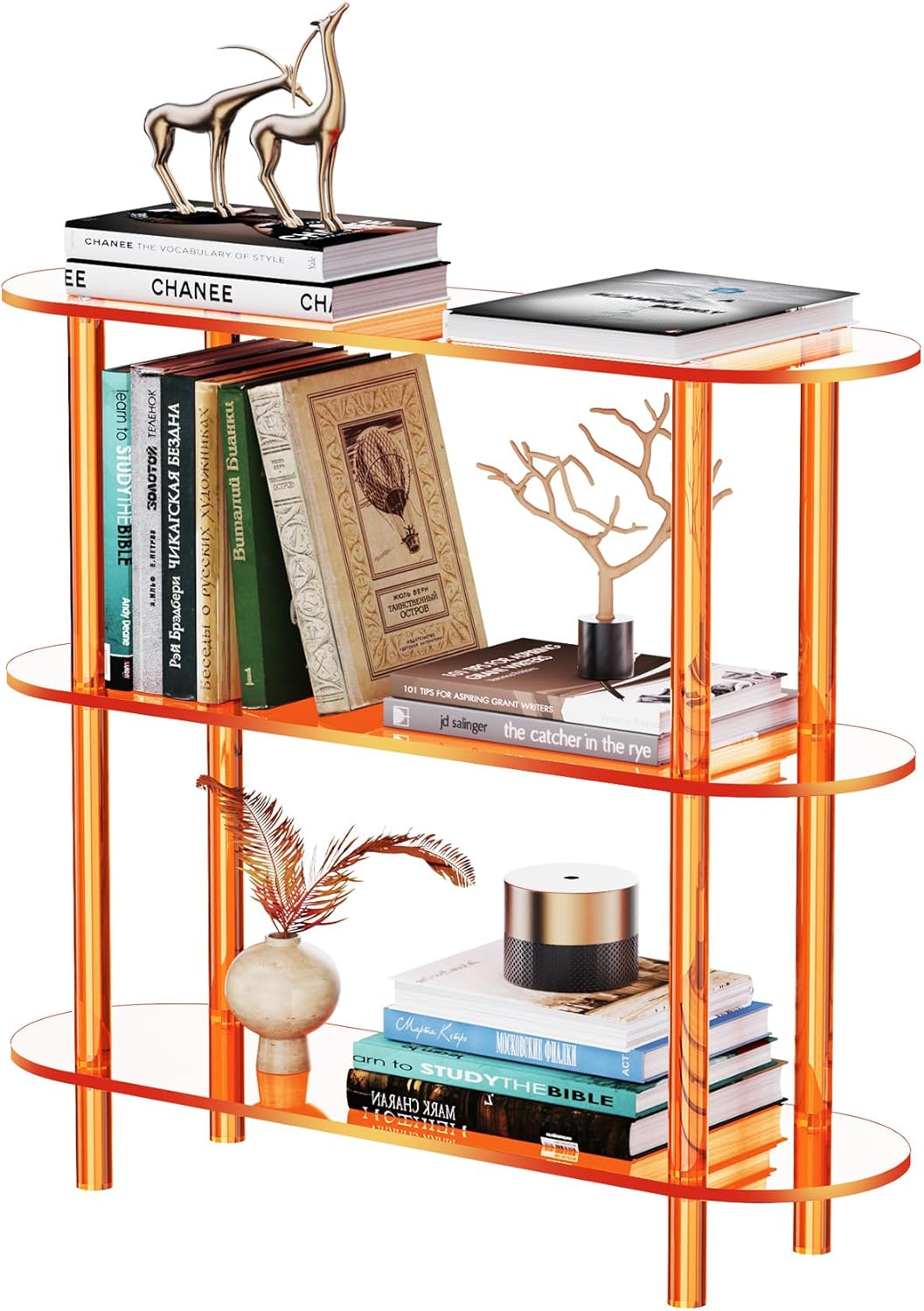 Clear Bookshelf, Acrylic Bookcase with Open Book Shelf for Office Living Room Bedroom (3 Tier Orange)
