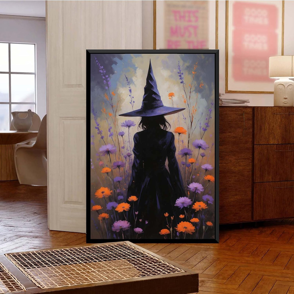 JFHCQJPK Country wildflower witch canvas print halloween mashup art witch purple decoration bohemian elegant art poster20x30in Metal blackFramed