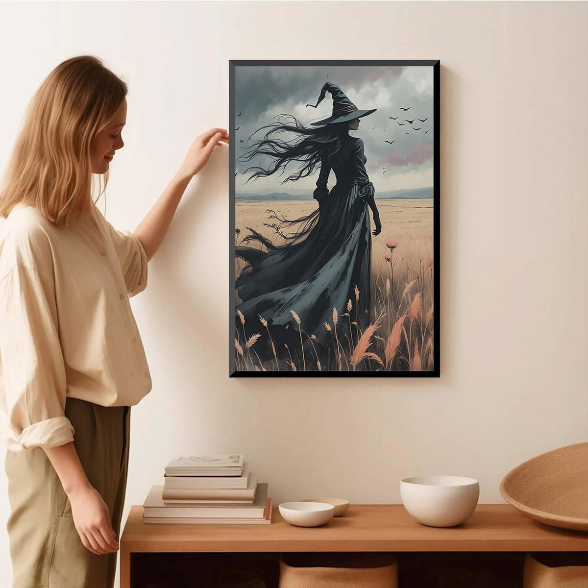 JFHCQJPK Gothic Decor Canvas Wall Art Witch in Rice Field Halloween Art Decor Print Nature Print Victorian Home Bedroom24x36in Metal blackFramed