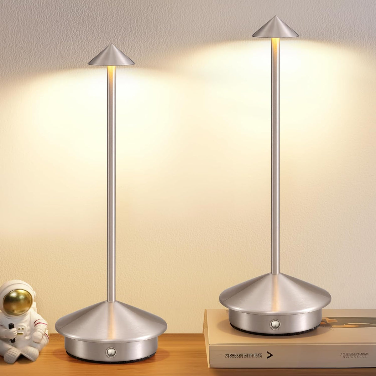 Modern Cordless Table Lamp Set of 2, Portable LED Desk Lamps, 5000mAh Rechargeable Battery Operated Lighting for Bedroom Dining Room Restaurant Coffee Shop Camping Night Light (Brushed Nickel)