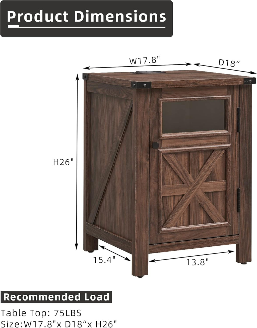 JXQTLINGMU Farmhouse End Table with Charging Station, 18'' Rustic Nightstand with Barn Door & Adjustable Shelf, Wooden Sofa Side Table with 3-Tier Storage for Living Room, Bedroom, Brown