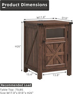 JXQTLINGMU Farmhouse End Table with Charging Station, 18'' Rustic Nightstand with Barn Door & Adjustable Shelf, Wooden Sofa Side Table with 3-Tier Storage for Living Room, Bedroom, Brown