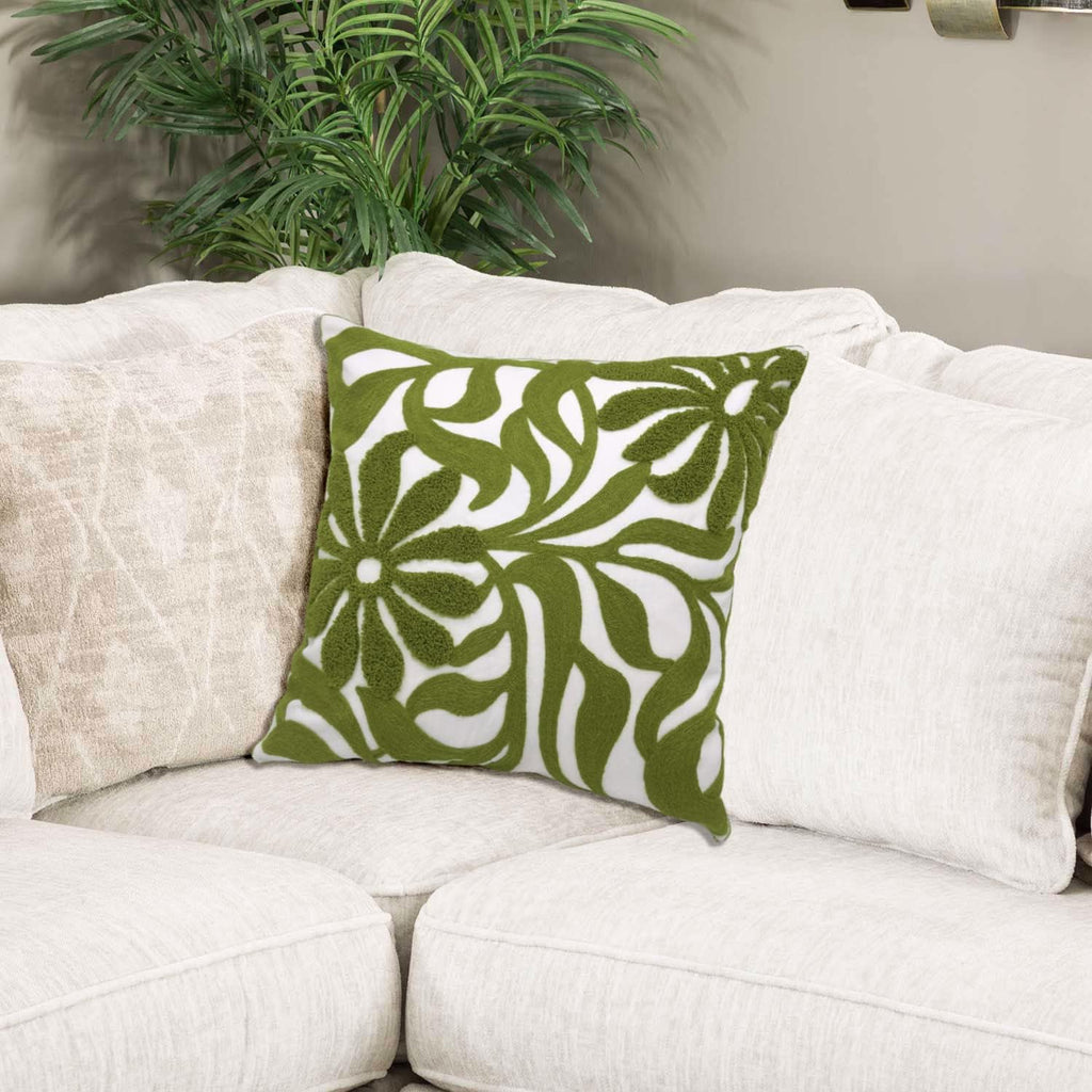 Alysheer Farmhouse Floral Leaves Embroidered Decorative Throw Pillow Cover 18x18 inches, Boho Tufted Flowers Embroidery Pattern Chic Cotton Cushion Case for Couch Bed Sofa Living Room(Olive Green)