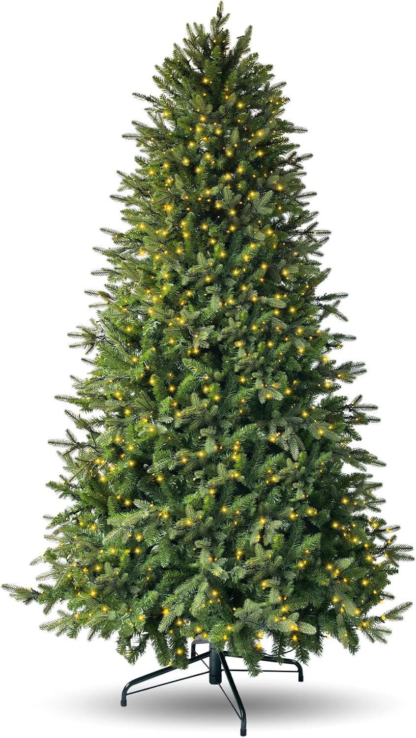 7.5ft Pre-lit Artificial Christmas Tree with 798 Warm White & Multi-Color LED Lights, 1900 Branch Tips, 3-Minute Quick Power Connect Pencil Xmas Tree for Holiday Decoration Home and Party