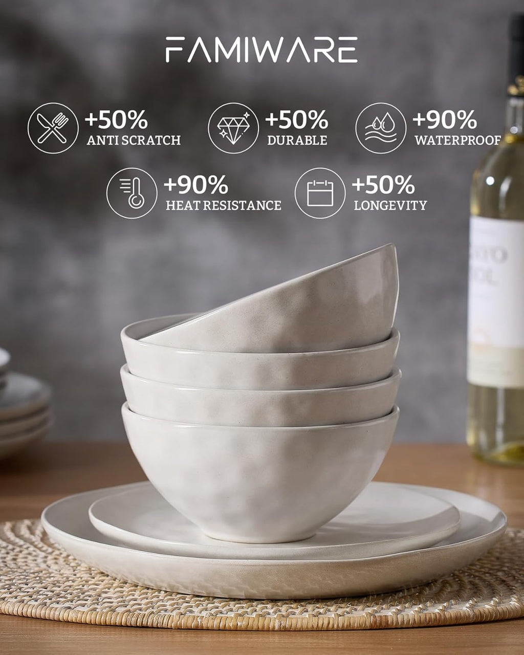 Famiware Dinnerware Sets for 8, Ocean Round 24-Piece Kitchen Plates and Bowls Sets, Microwave and Dishwasher Safe, Scratch Resistant, Matte White