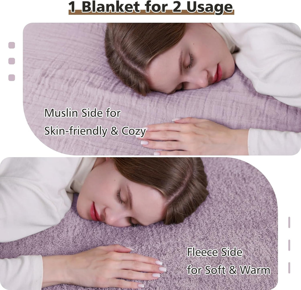 EMME Muslin and Fleece Twin Blanket Reversible - 60"*80" Lavender Soft Warm Throw Blankets for Couch Bed Picnic Travel Bed