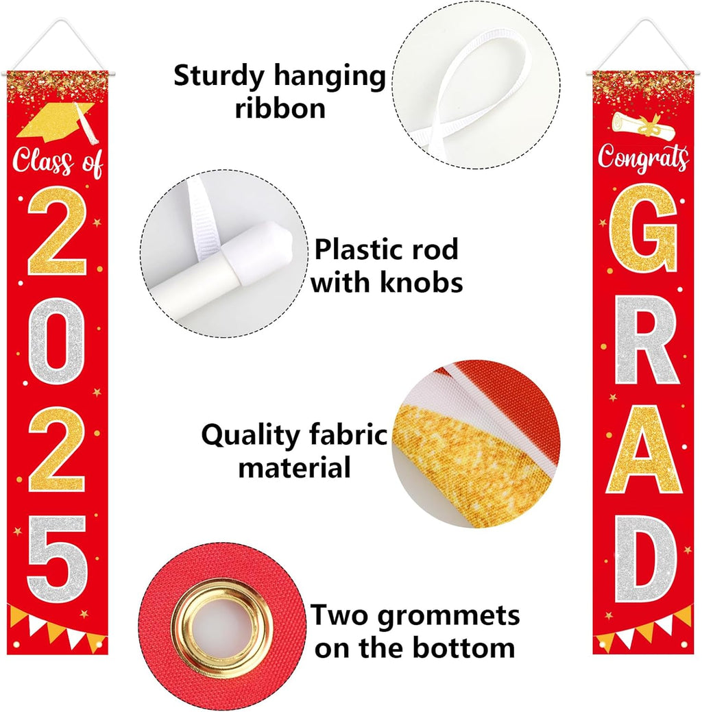 Graduation Decorations 2025 GRAD Banner Red Porch Door Sign Welcome Banner For Indoor Outdoor Wall Graduation Decorations Class of 2025