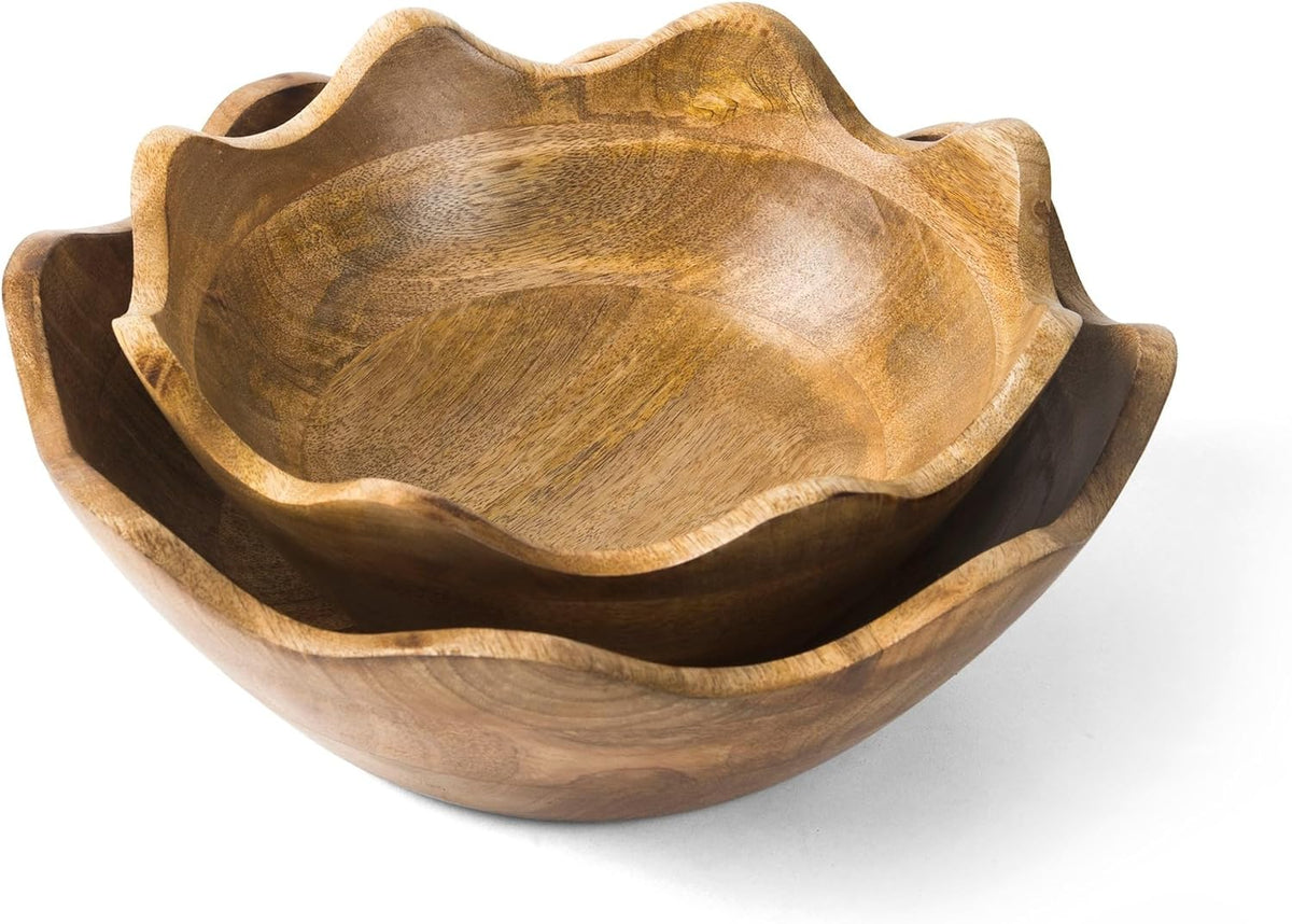 Mela Artisans Wooden Scalloped Bowl - Set of 2, Large & Medium |Mango Wood Natural Grain Finish | 12x4x12” and 10x4x10” | Fits Bread, Fruits, Salad or Popcorn