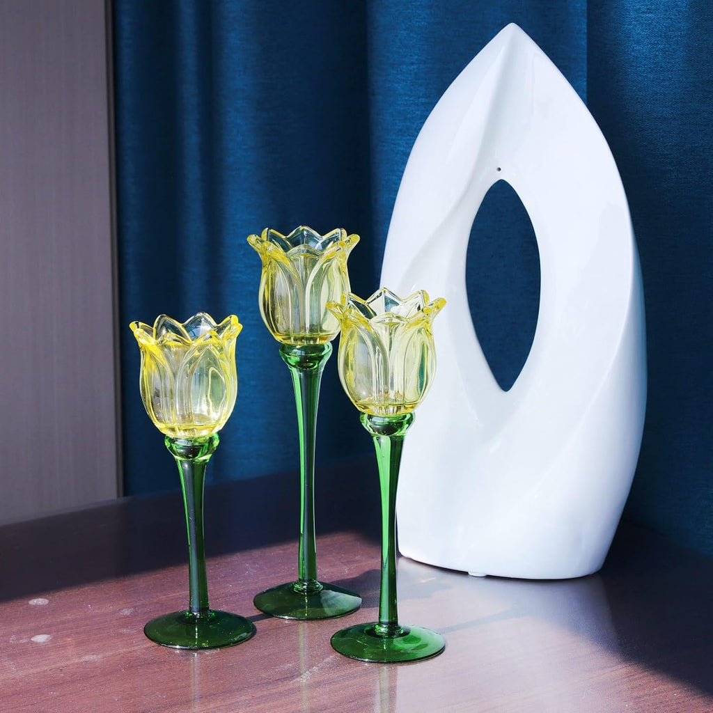 VOHO Yellow Tulips Candle Holders for Modern Home Decor, Bright Yellow Tealight Candle Holder Birthday Gifts for Women Friends, Tulip-like Tea Lights Candle Holder for Party Table Centerpiece(Set of3)
