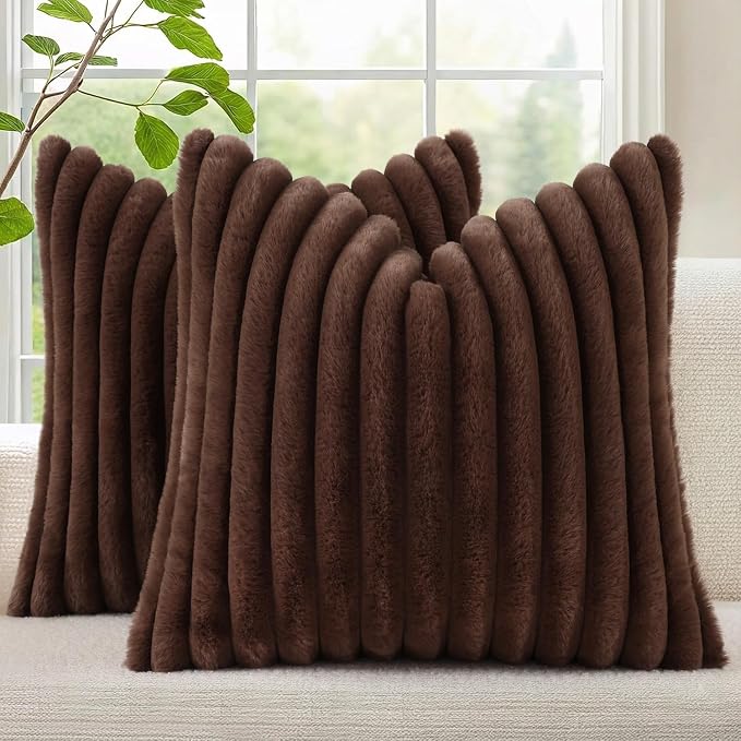 decorUhome Fall Faux Fur Throw Pillow Covers 24x24 Set of 2 Dark Brown | by decorUhome