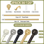 Gold Adjustable Curtain Rods for Windows:Farmhouse Heavy Duty Curtain Rod for Bedroom Living Room,Boho Decorative Rustic Drapery Rod with Vintage Coastal Finials,Brass Gold 2 Pack 66-120"