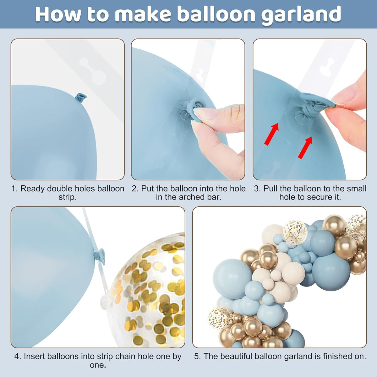 Amandir 153pcs Dusty Blue Balloon Garland Arch Kit, Different Sizes 18 12 10 5 inch Blue White Sand Latex Metallic Confetti Gold Balloons for Boys Birthday Boho Baby Shower Party Decoration Supplies