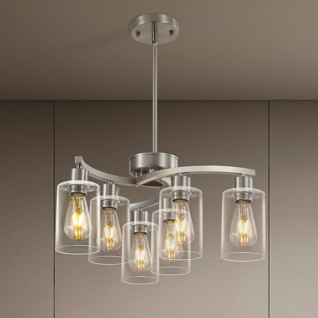 6 Light Modern Brushed Nickel Pendant Light Fixture For Dining Room，Contemporary Kitchen Light Fixtures Brushed Nickel，Adjustable Height Farmhouse Dining Chandeliers Over Table，With Glass Shade