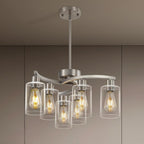 6 Light Modern Brushed Nickel Pendant Light Fixture For Dining Room，Contemporary Kitchen Light Fixtures Brushed Nickel，Adjustable Height Farmhouse Dining Chandeliers Over Table，With Glass Shade
