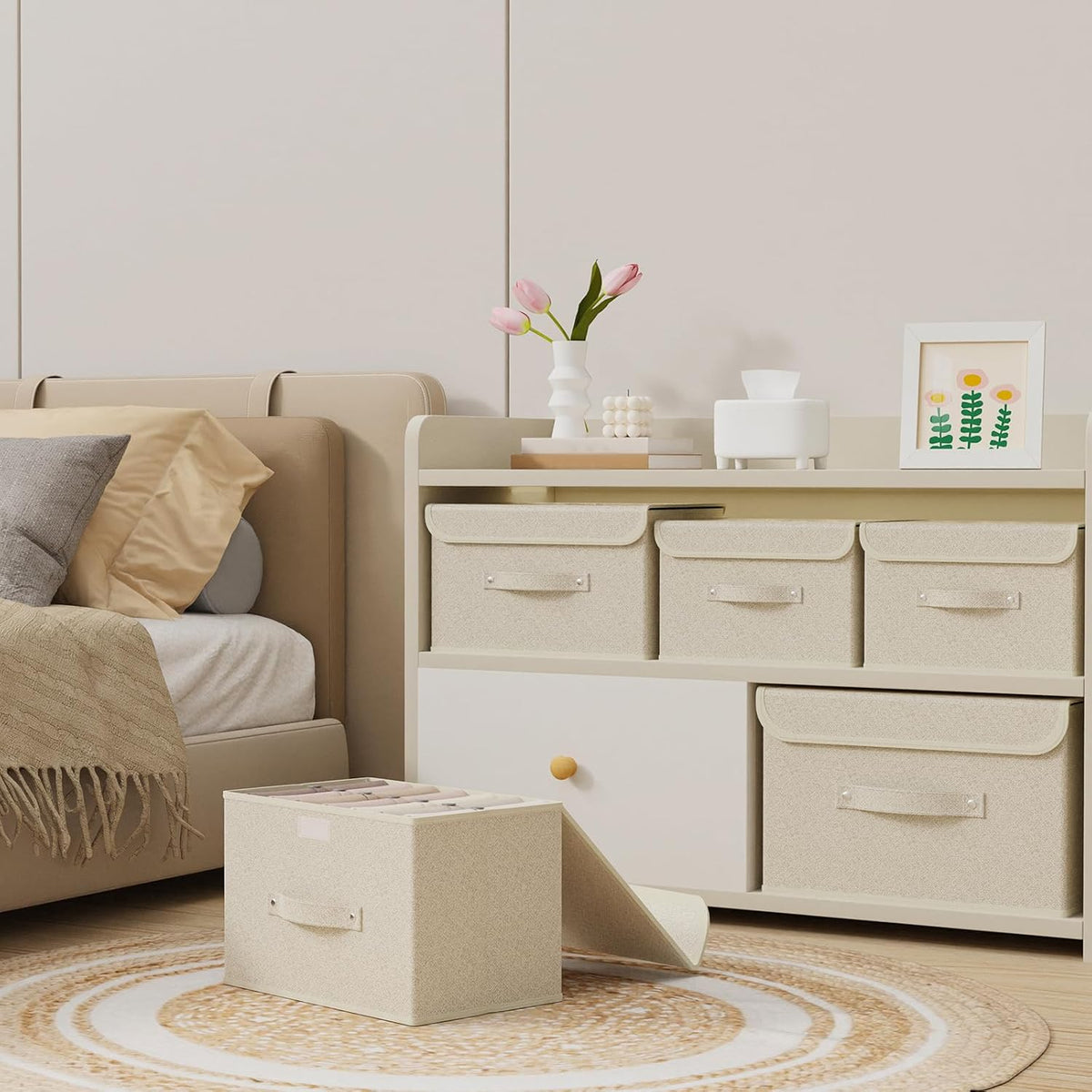 Storage Boxes, Collapsible Storage Bins with Lids, Cotton and linen cloth Storage Baskets with Handle, for Books, Closet, Bedroom, Home, 13x9.1x7.9 in, Grey and Beige