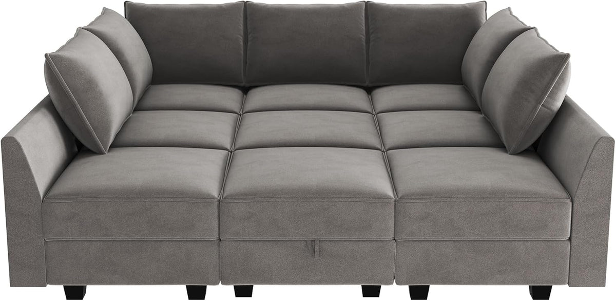 HONBAY Velvet Sectional Sofa Couch with Storage - Modular Sleeper for Living Room, Grey