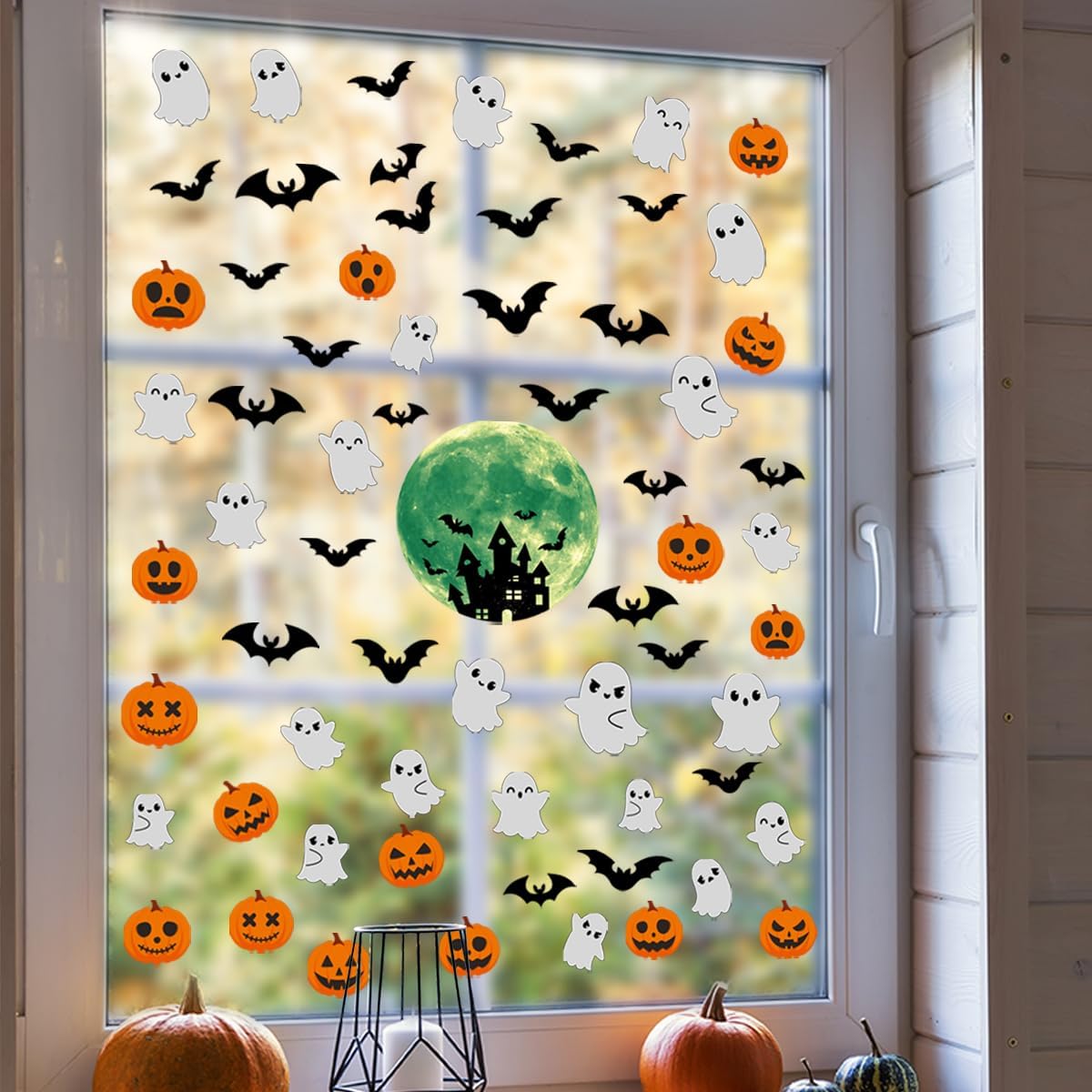 6 Sheets Halloween Window Clings Halloween Window Stickers Double-Sided Removable Castle Pumpkin Ghost Bat Window Decals Decor for Scary Halloween Theme Party Decorations