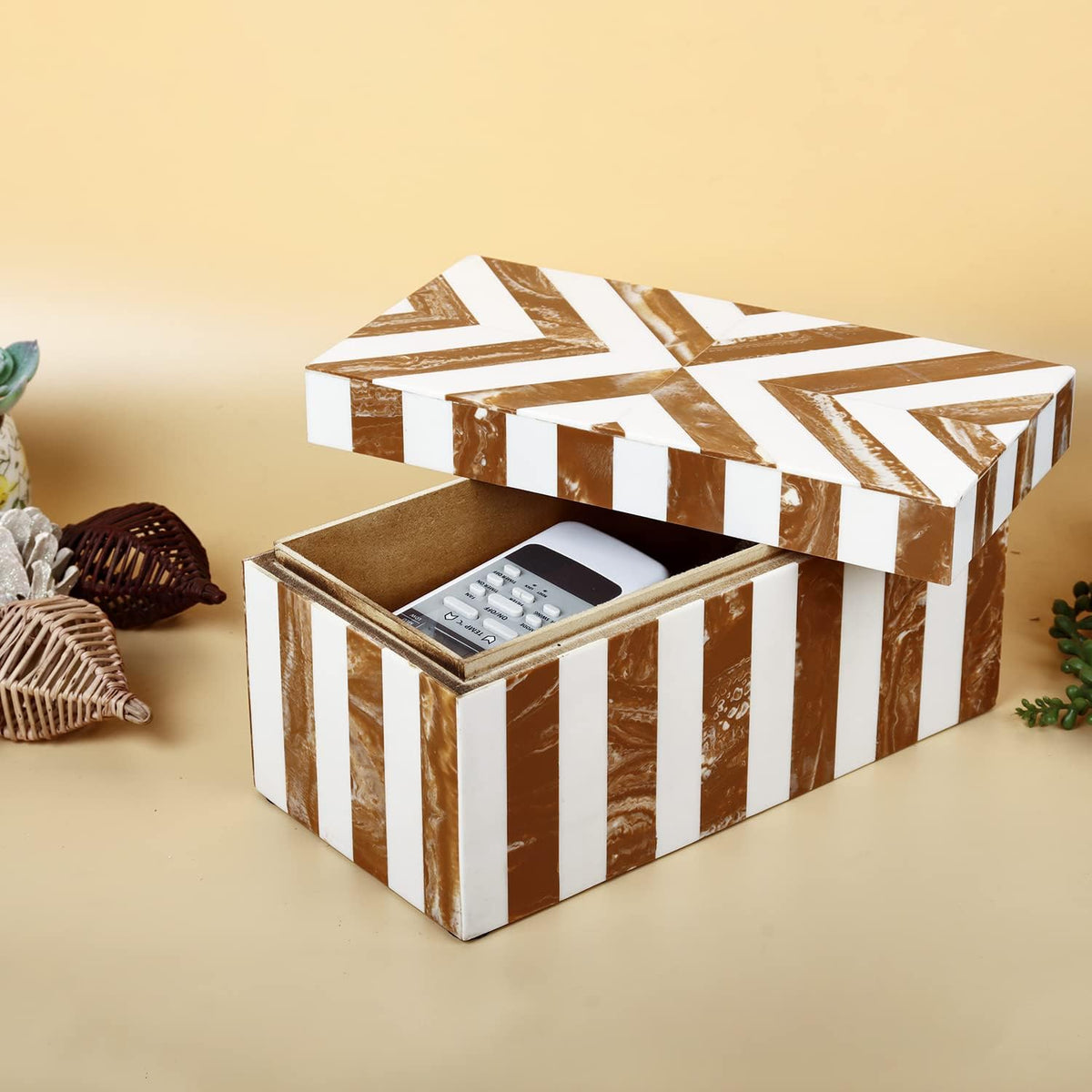 Handicrafts Home Handmade Chevron Pattern Decorative Box - Storage Organizer, Decor Centrepiece, Memory Keepsakes, Home Decor - Boho Style Treasure Box, Multipurpose Gift - Brown, 10x5x5