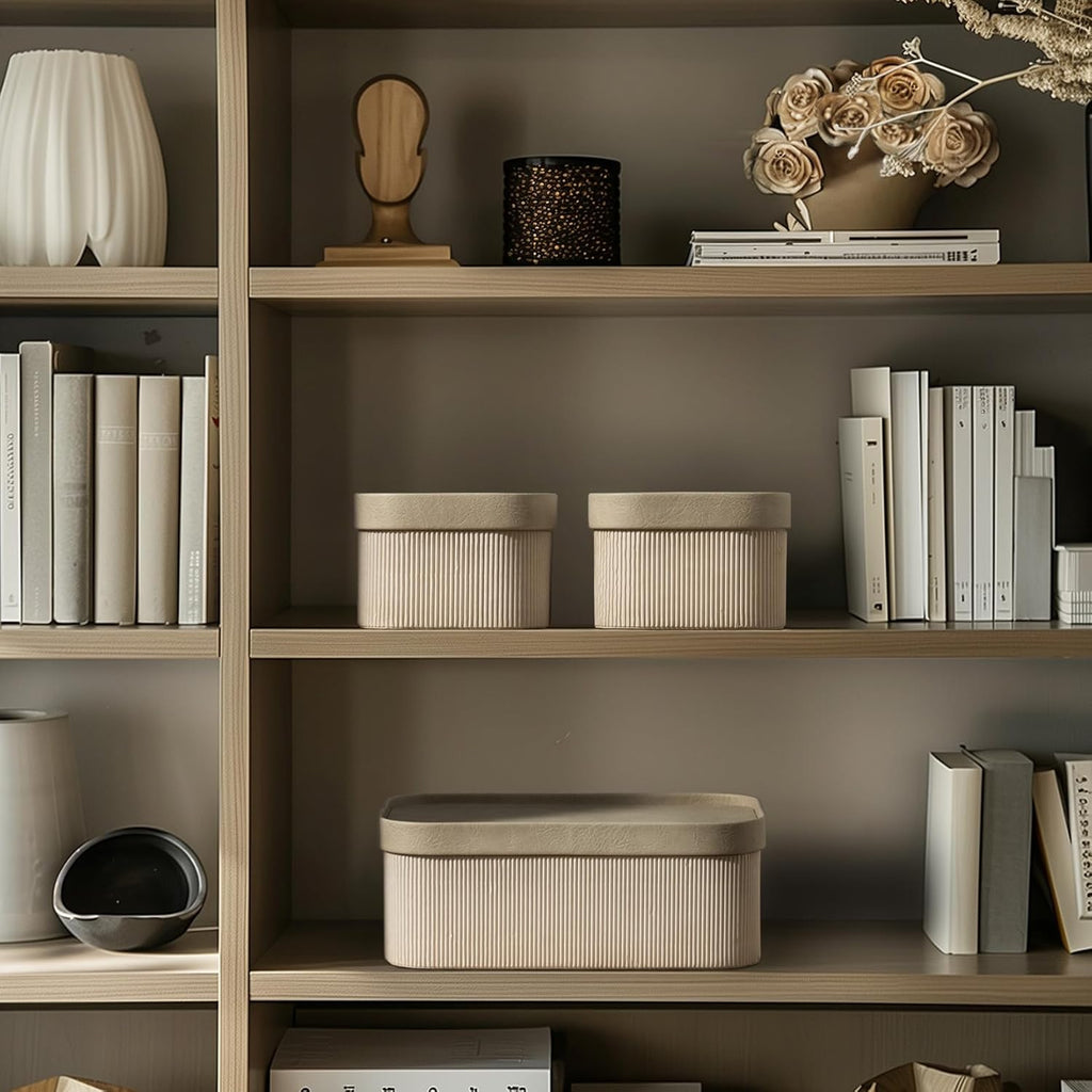 La Jolie Maison Fluted Cardboard Storage Baskets with Leather-Like Lids, Sturdy Stackable Paper Boxes Decorative Tray,Set of 3 Ivory