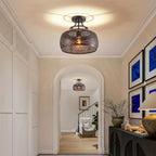 WUZUPS Chandelier Rustic Farmhouse Industrial Round Semi-flushmount Ceiling LED Light Fixture with Later-Cut Openwork Drum Shade, H 11.8" x W 13.4", Oil Rubbed Bronze