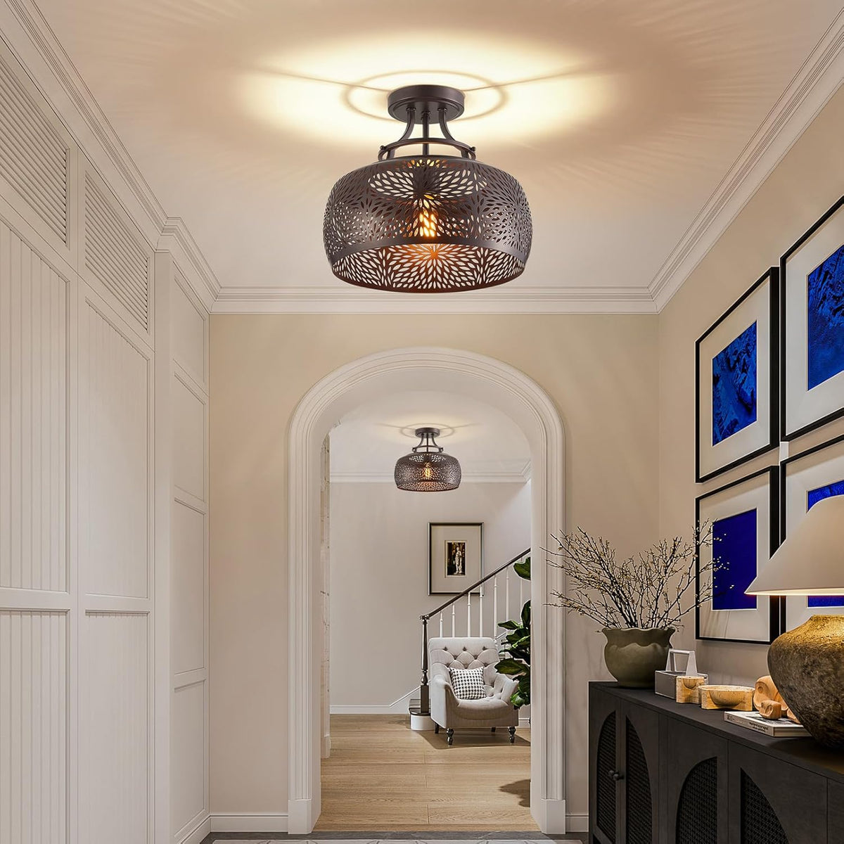 WUZUPS Chandelier Rustic Farmhouse Industrial Round Semi-flushmount Ceiling LED Light Fixture with Later-Cut Openwork Drum Shade, H 11.8" x W 13.4", Oil Rubbed Bronze