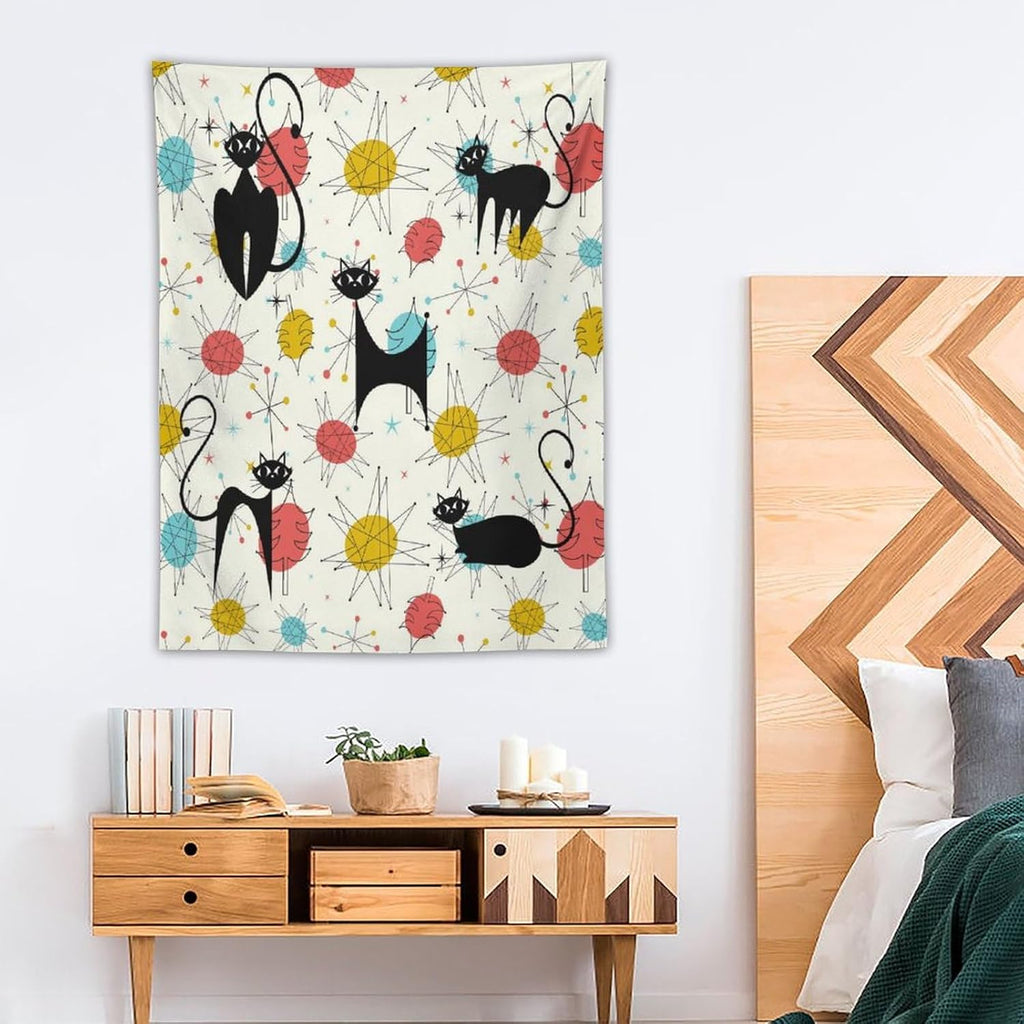 ICMOLYYENLO Abstract Cat Tapestry, Medieval Abstract Atomic Star Cat Vintage Home Wall Hanging Art Tapestry for Bedroom Living Room Dormitory 60x60 Inch