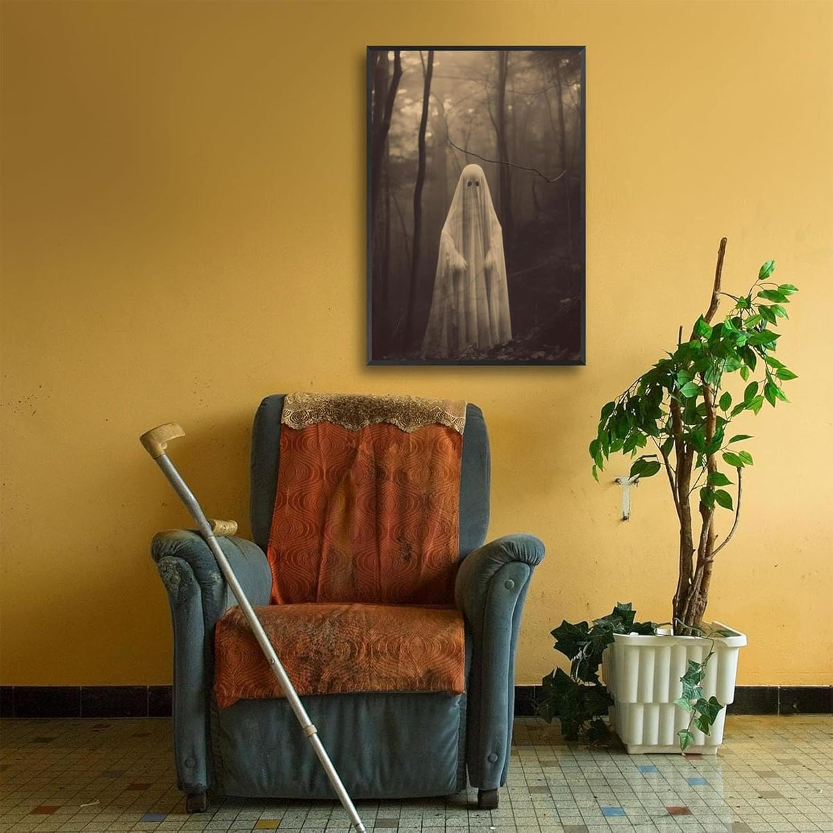 Ghost Forest Spooky Print Poster The Gothic Room Decor Creepy Picture Posters Dark Academia Aesthetic Family Prints Canvas Wall Art Home Apartment Decorations 16X24inch Aluminum Framed
