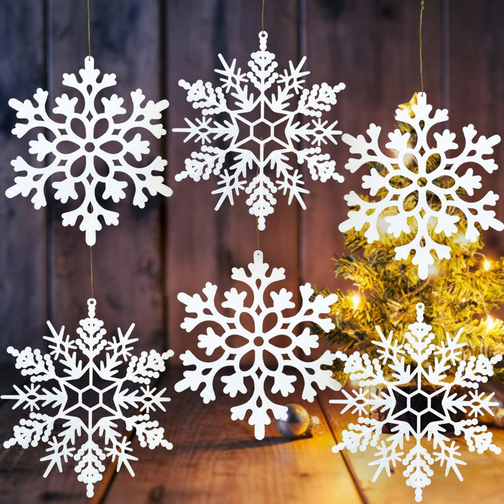 12pcs Large Christmas Snowflakes Decorations, 12" Big Plastic Glitter White Snowflake Ornaments for Winter Indoor Outdoor Christmas Tree Holiday Window Room Decor Craft Snowflakes