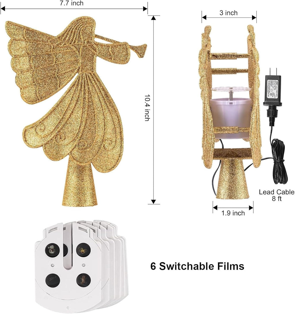 Christmas Angel Tree Topper with 6 Projection Modes, Hollowed Pentagram Tree Top with Gold Spangles Plated Plug in for Indoor Outdoor Christmas Decorations, Gold