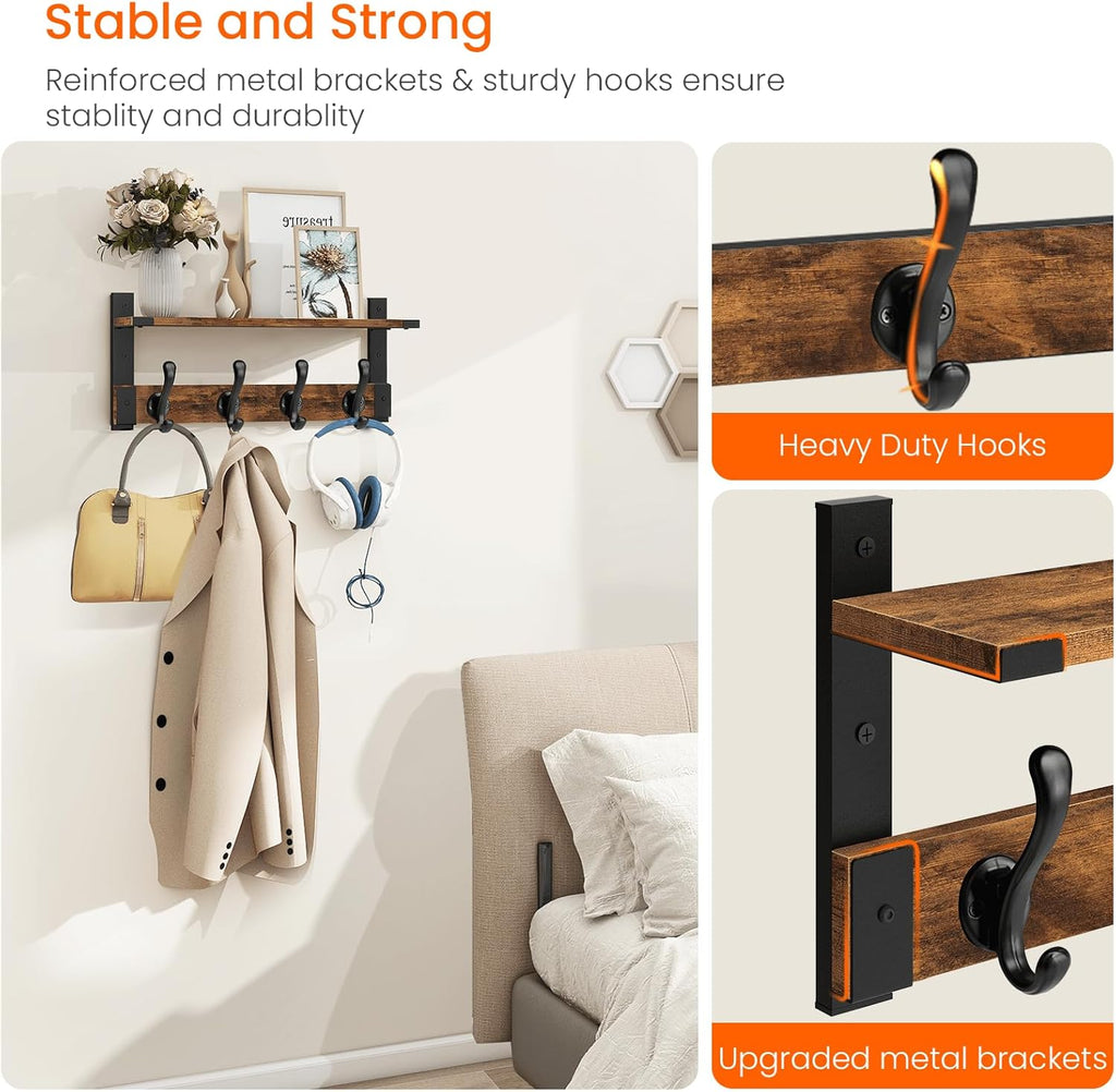 Homode Coat Rack Wall Mount with Shelf, Wood Wall Hooks with Shelf, Heavy Duty Entryway Shelf with Hooks with 4 Metal Hangers for Hanging Key Towel Hat Purse, Bathroom Bedroom, Rustic Brown Black