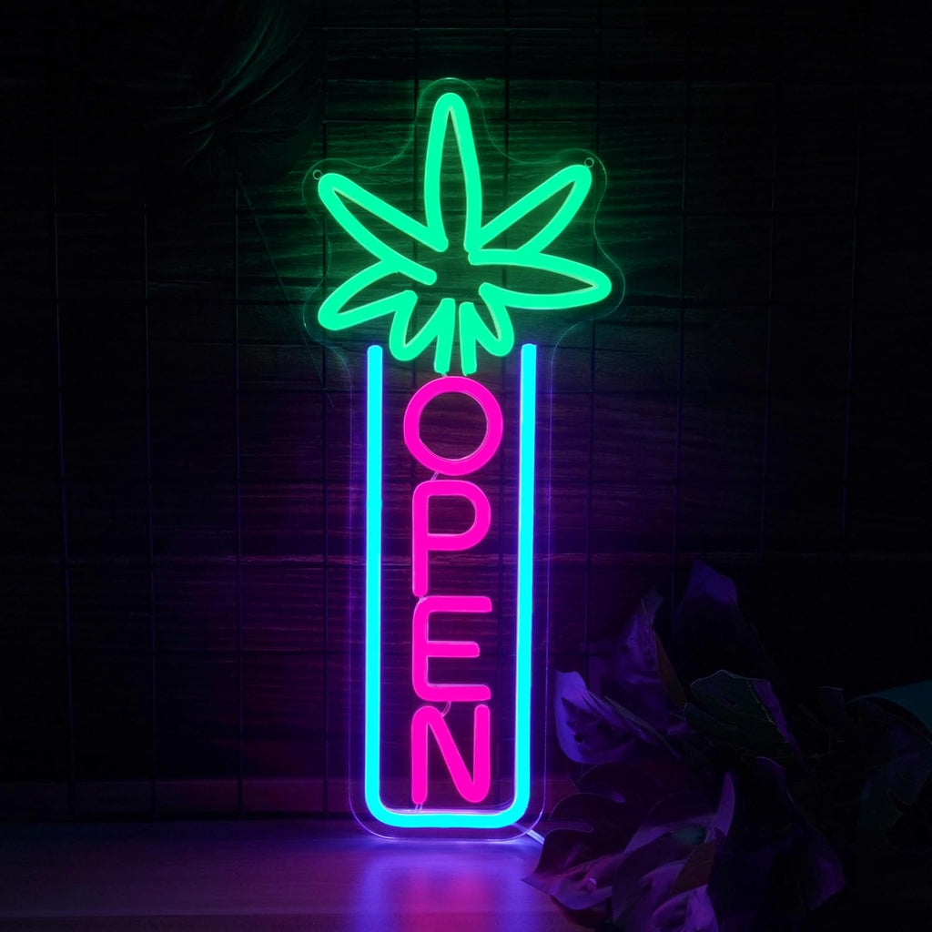 Green Leaf Neon Sign Dimmable Open Neon Lights for Wall Decor LED Neon Sign by USB Powered LED Neon Open Sign For Dispensary Beer Bar Man Cave Coffee Store Hotel Wall Party Decorations 16.8''x7''