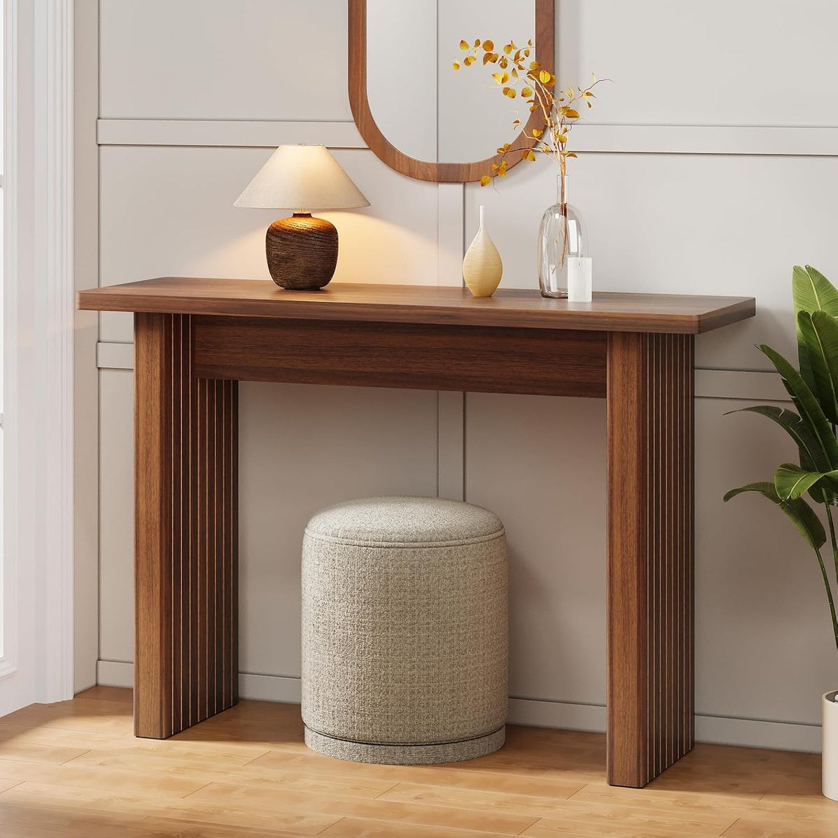 AVZEAR Mid Century Narrow Entryway Console Table, 43.3" Fluted Wood Couch Table Behind Sofa Long and Skinny for Living Room Hallway Entrance Foyer, Walnut