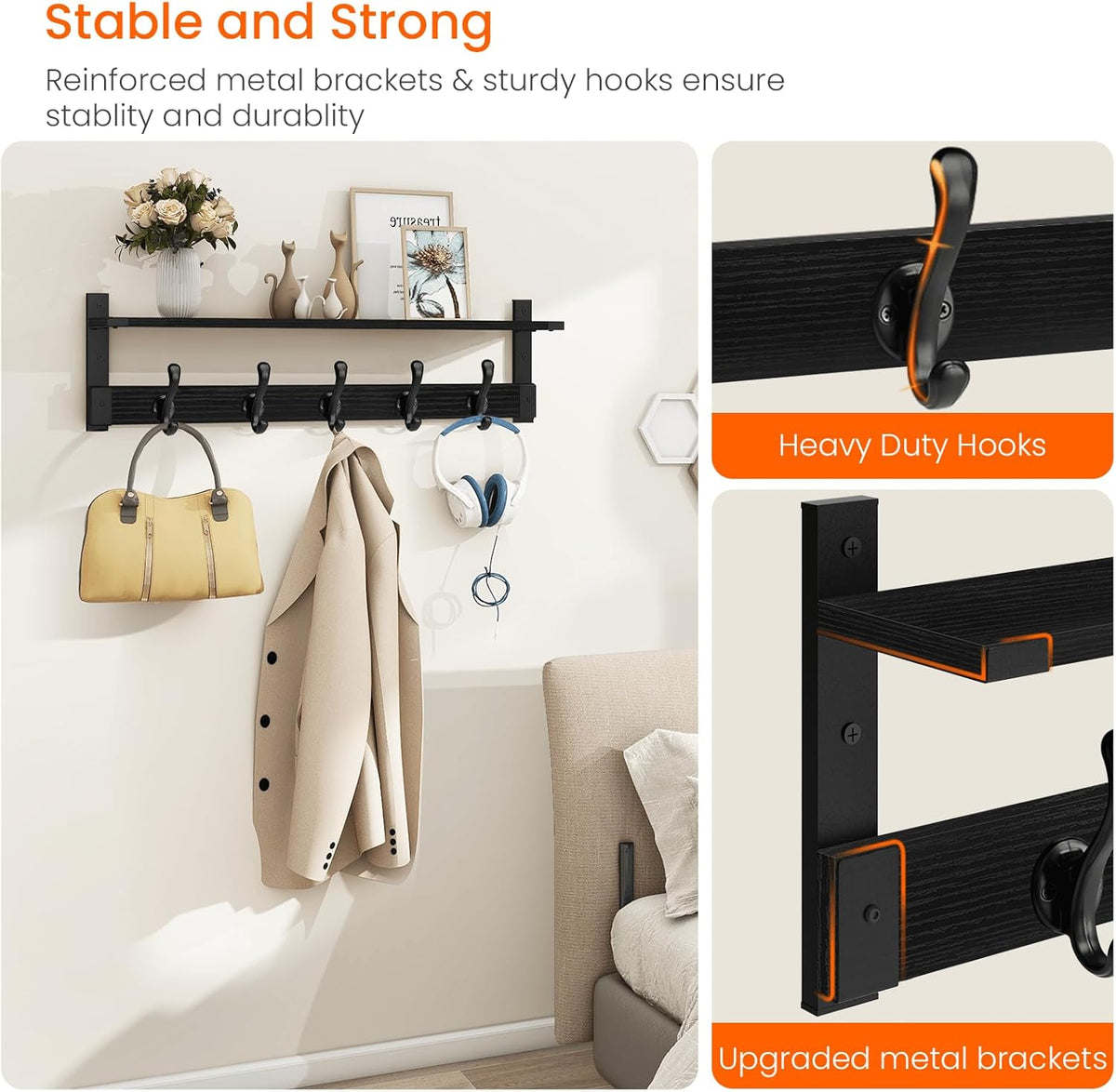 Homode Coat Hanger Wall Mount with Shelf, 29 in Hanging Rack with Storage, Entryway Shelf with Pegs for Hanging Coats, Hats, Towels, Purse, Robes, Black