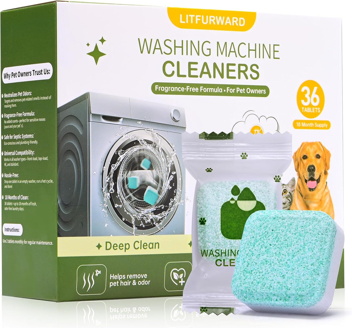 Washing Machine Cleaner Tablets – 36 Count, 18-Month Supply – Pet Hair & Odor Remover – Safe for Septic, Works with All Washers – Unscented – Washer Cleaner for Pet Owners