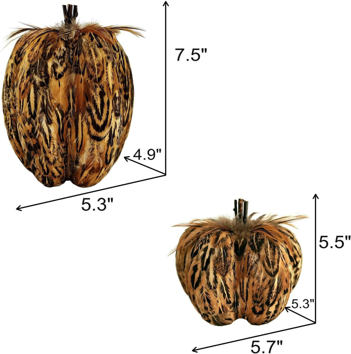 naturevibe 7.5/5.5 Inches Elegant Feathered Pumpkin Decor,Set of 2 Thanksgiving Decorations Natural Feather Pumpkins as Fall Home Decor,Centerpieces for Tables or Autumn Harvest Gifts
